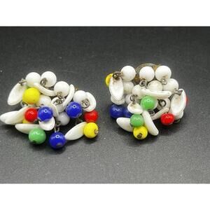 VTG  Miriam Haskel Glass Cha Cha Clip Earrings Red Blue Yellow Green Dangle